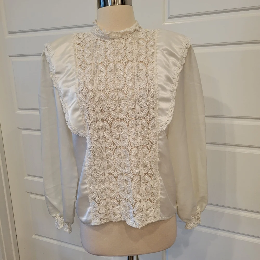 SAN ANDRE VINTAGE 80S VICTORIAN CREAM BLOUSE NEO EDWARDIAN LACY BLOUSE Size 10 - Picture 4 of 15